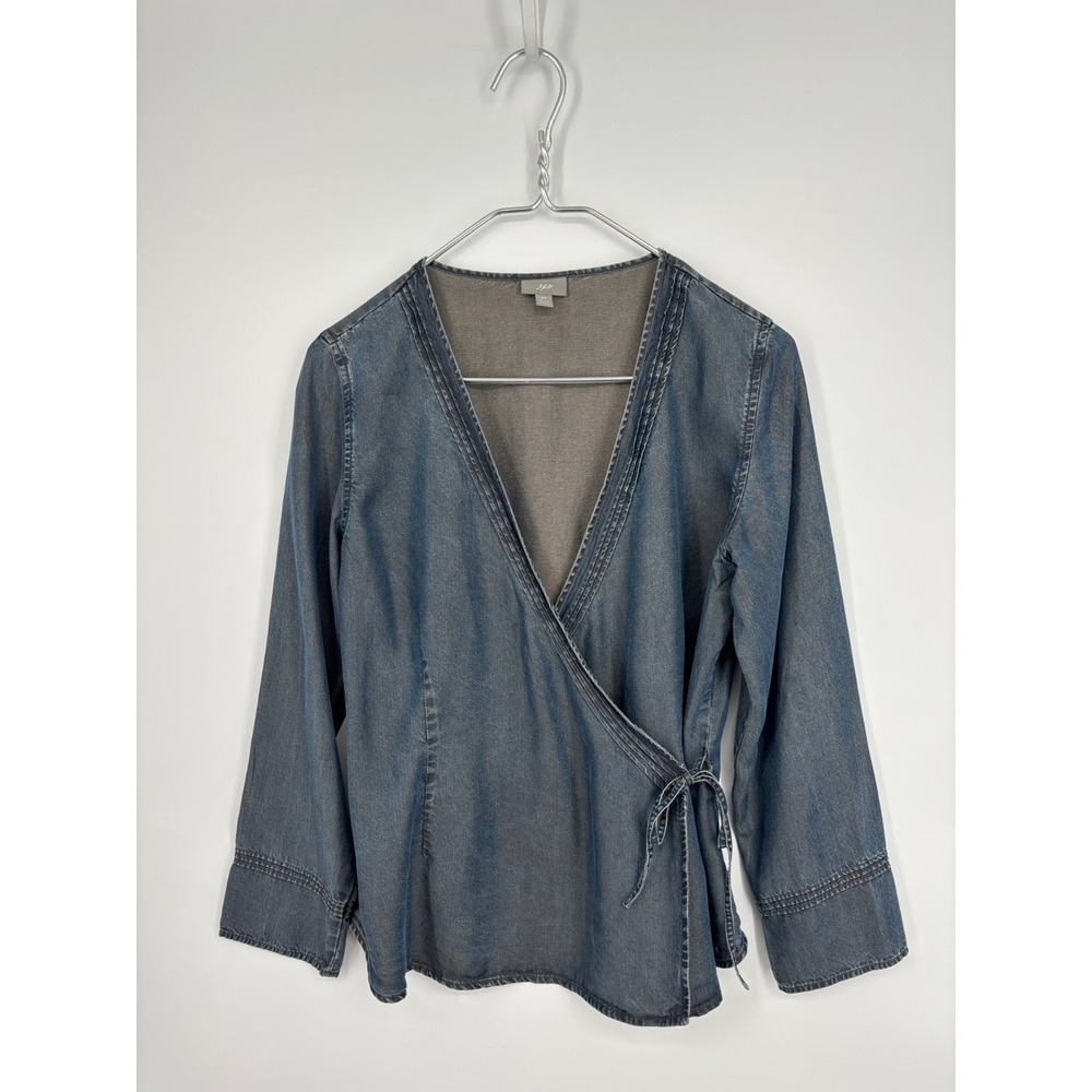 J. Jill Blouse Petite SP Blue Denim Wrap Shirt Classic Casual Long Sleeve